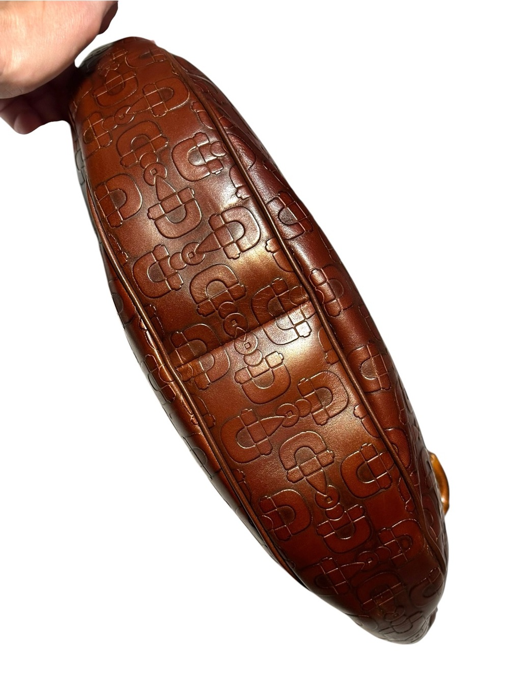 Gucci Rich Brown Horsebit Embossed Leather Shoulder Hobo Bag Bamboo-Ring Detail - Picture 14 of 17